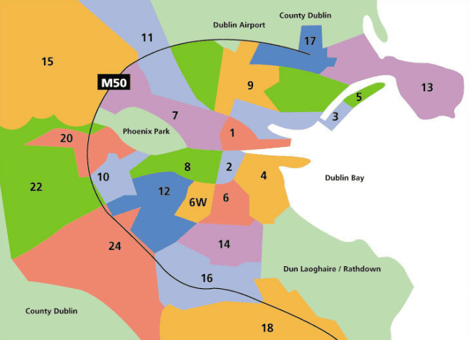 Mapa das regiões de Dublin