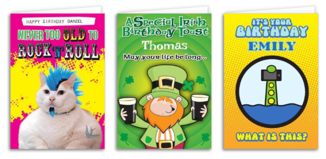 Na Irlanda existe cartões para todos gostos, idades e temas. Reprodução: Gift.ie 