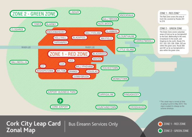Divisão da cidade por zonas, assim como funciona em Dublin. Créditos: Leap Card. 