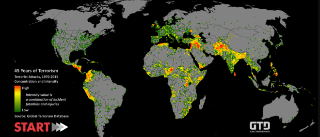 Estima-se que no ano passado (veja o mapa), mais de 330 ataques terroristas aconteceram no mundo, totalizando 2038 mortes (oficiais).