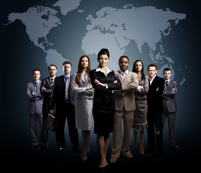 Business people team with world map