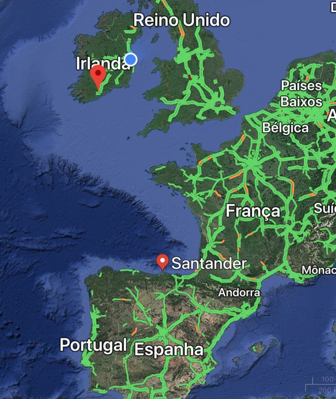 Os pontos em vermelho no mapa mostram Cork, na Irlanda, e Santander, na Espanha. Foto: Google Maps