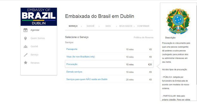 Serviço deve ser agendado com antecedência no portal da Embaixada. Imagem: Embaixada Brasileira em Dublin