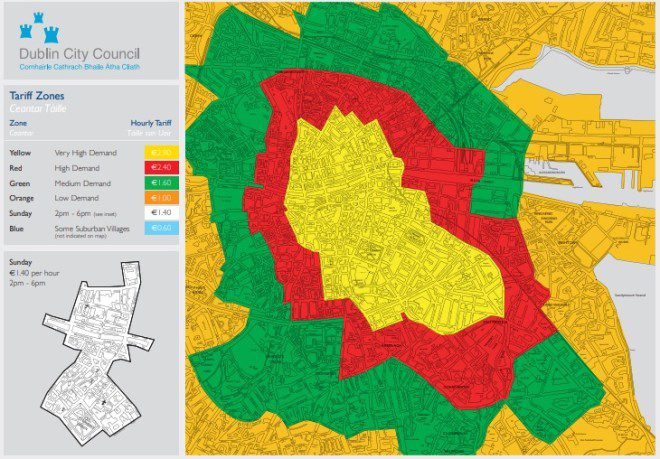 Mapa mostra zonas de estacionamento em Dublin. Foto: Dublin City Council