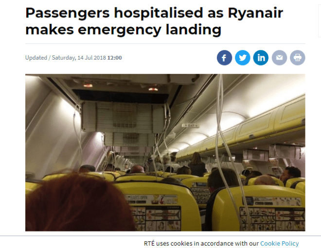 Voo da Ryanair faz pouso de emergência. Reprodução RTE