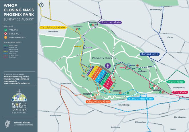 São sete rotas disponíveis para o público chegar ao local da missa com o papa Francisco no Phoenix Park. Foto: Reprodução