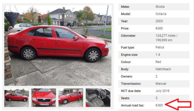 Este modelo Skoda, a taxa anual do carro é de 385 euros. Fonte: Carsireland.ie