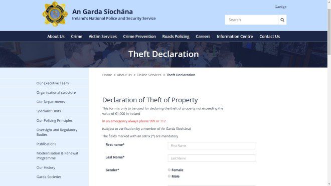 Espaço no website da Garda para fazer boletins de ocorrência online em casos de furtos até 1.000 euros