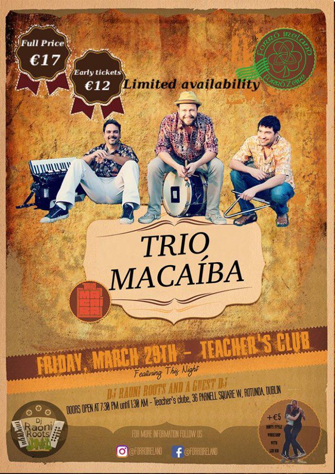 Trio Macaiba se apresenta em Dublin. Foto: Forro Ireland