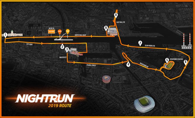 Percurso da corrida passa pelo centro de Dublin. Foto: Night Run