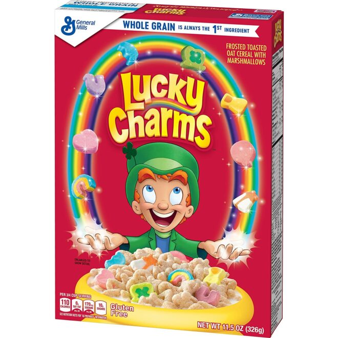 imagem da caixa de cereal lucky charms, com um desenho de um leprechaun