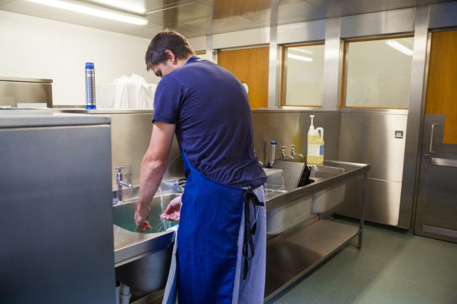 O trabalho de Kitchen Porter, uma atividade que envolve prioritariamente a lavagem de louças em restaurantes.© Wavebreakmedia Ltd | Dreamstime.com
