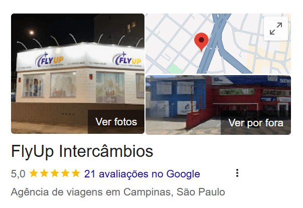 Avaliações da FlyUp Intercâmbios no Google: 5 estrelas